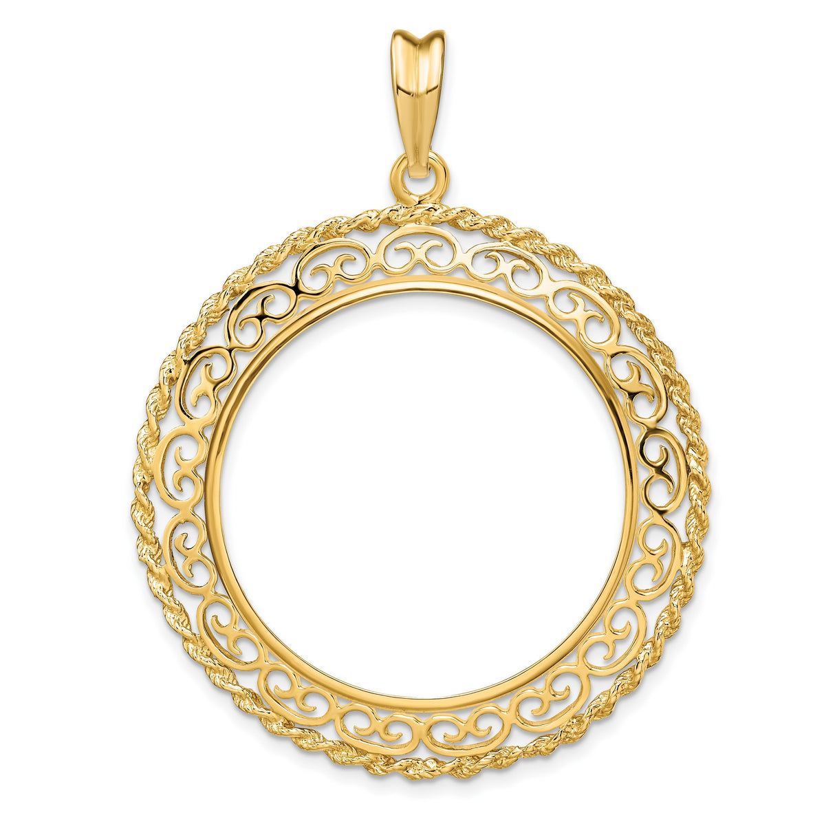 1/2 oz Cat Prong Set Rope and Scroll Coin Bezel in 14k Yellow Gold