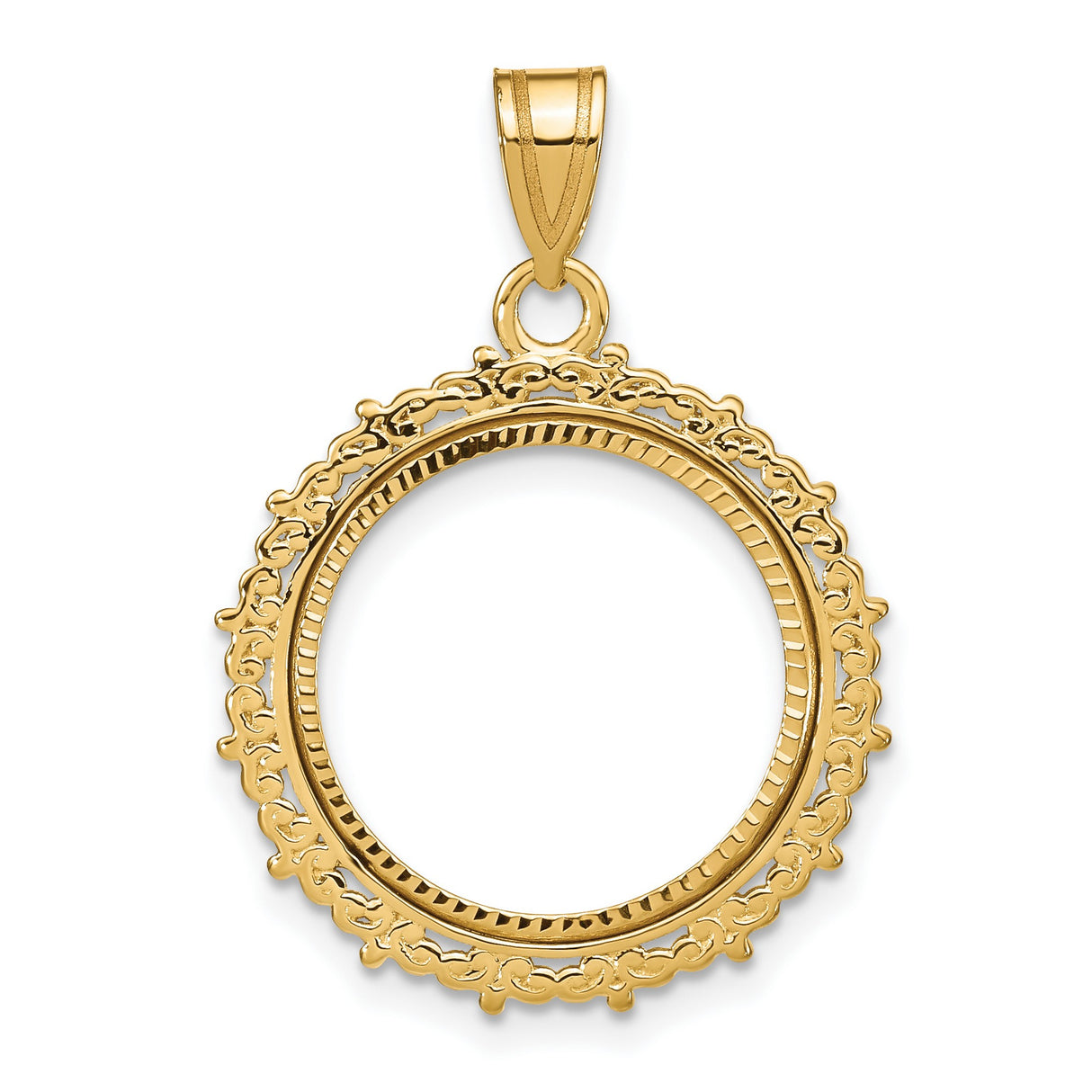 1/10 oz $5 American Buffalo Prong Set Diamond-Cut Scroll Coin Bezel in 14k Yellow Gold