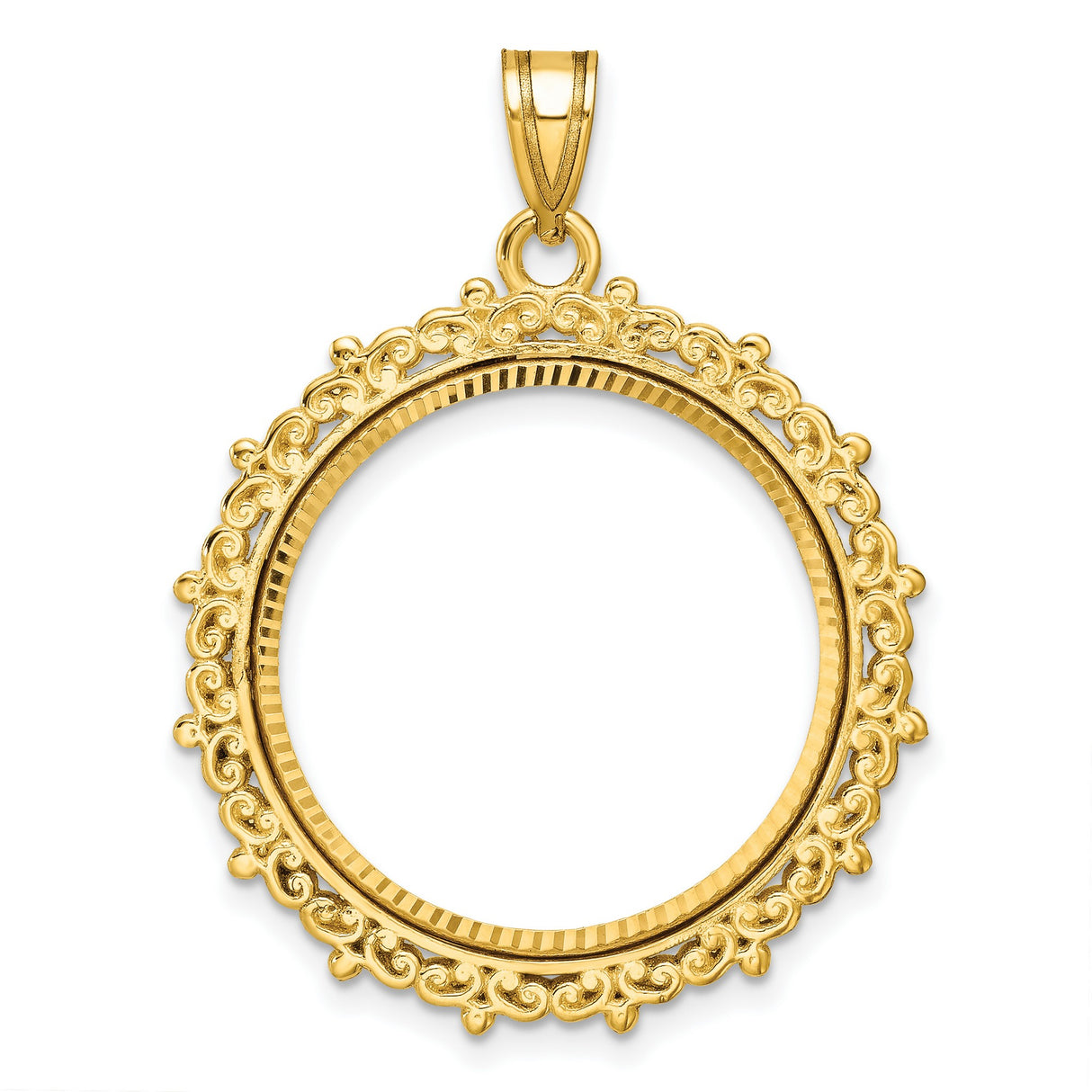 1/4 oz $10 American Buffalo Prong Set Diamond-Cut Scroll Coin Bezel in 14k Yellow Gold