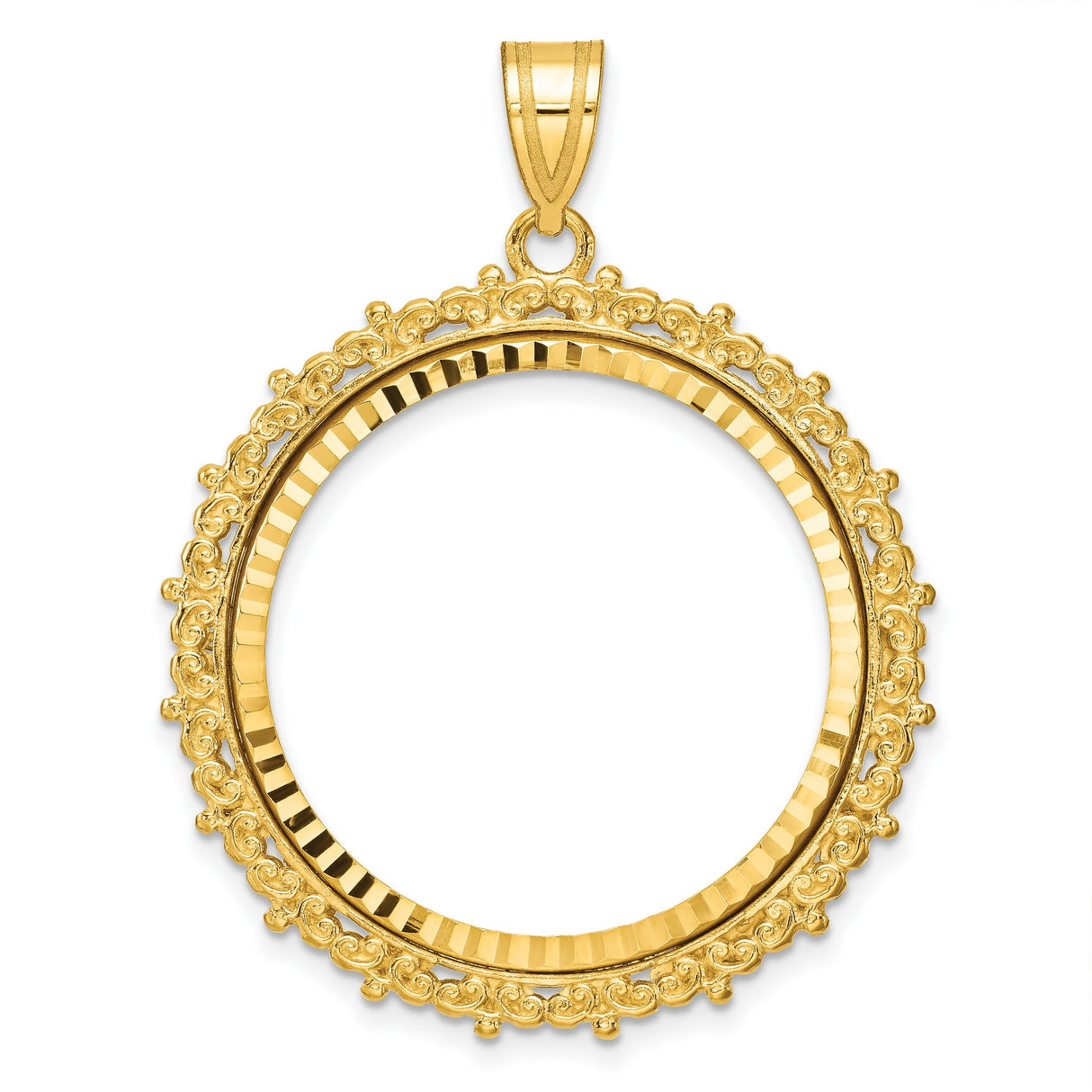 1/2 oz $25 American Buffalo Prong Set Diamond-Cut Scroll Coin Bezel in 14k Yellow Gold