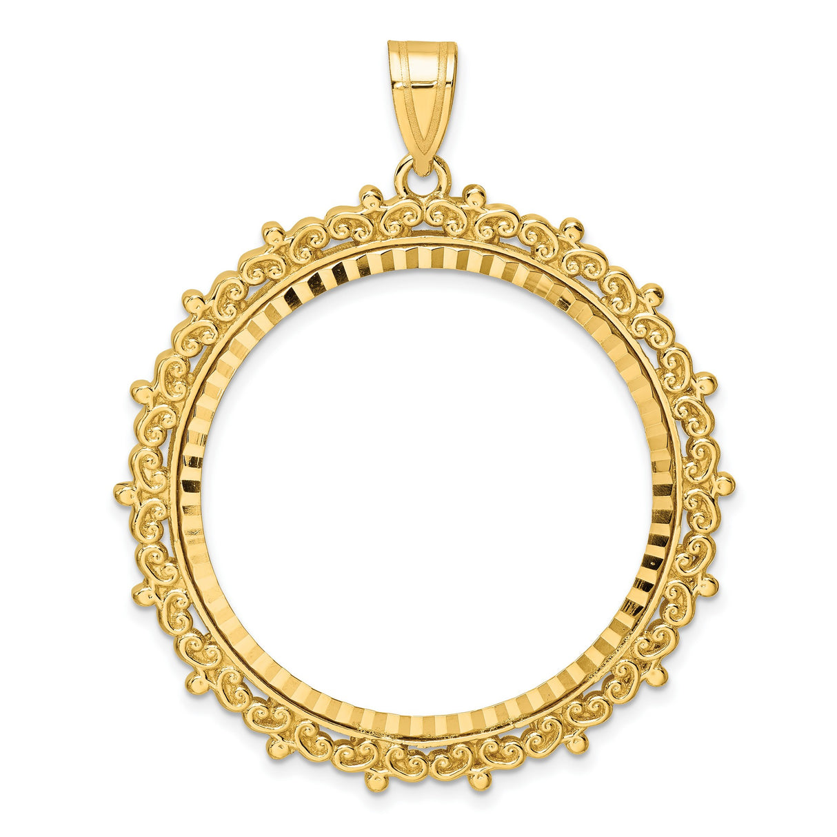 1 oz $50 American Buffalo Prong Set Diamond-Cut Scroll Coin Bezel in 14k Yellow Gold