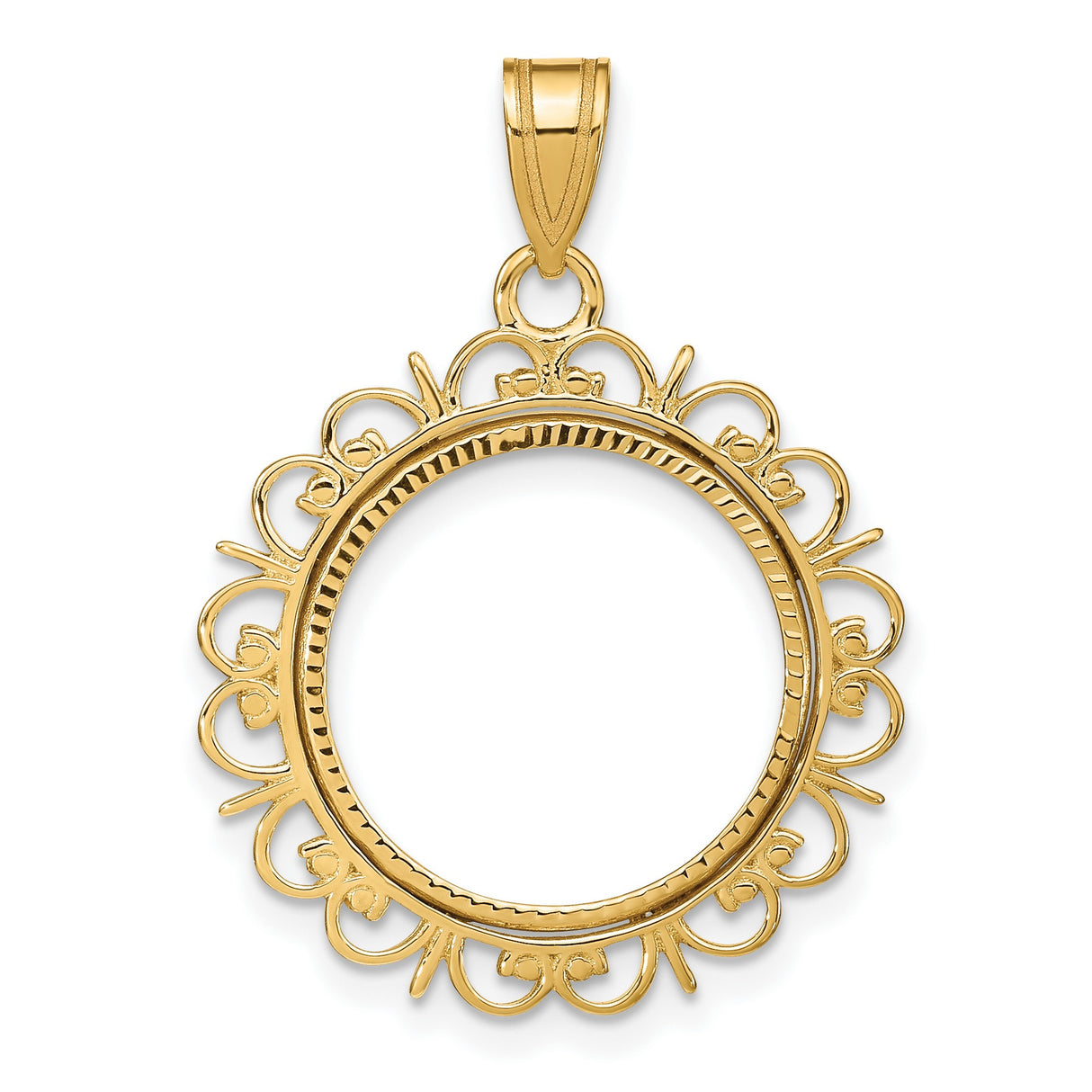 1/10 oz $5 American Buffalo Prong Set Diamond-Cut Ornate Border Coin Bezel in 14k Yellow Gold