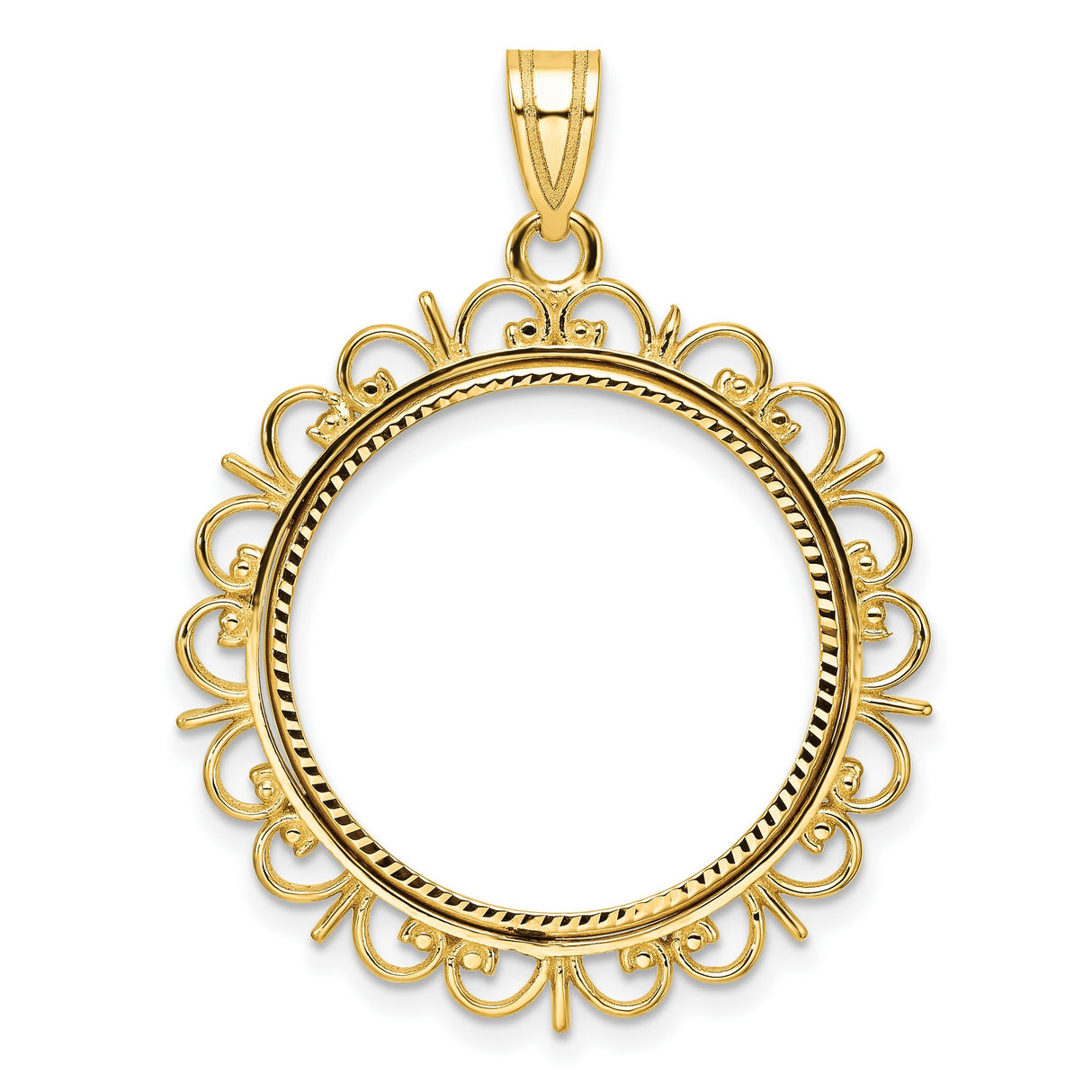 1/4 oz $10 American Buffalo Prong Set Diamond-Cut Ornate Border Coin Bezel in 14k Yellow Gold