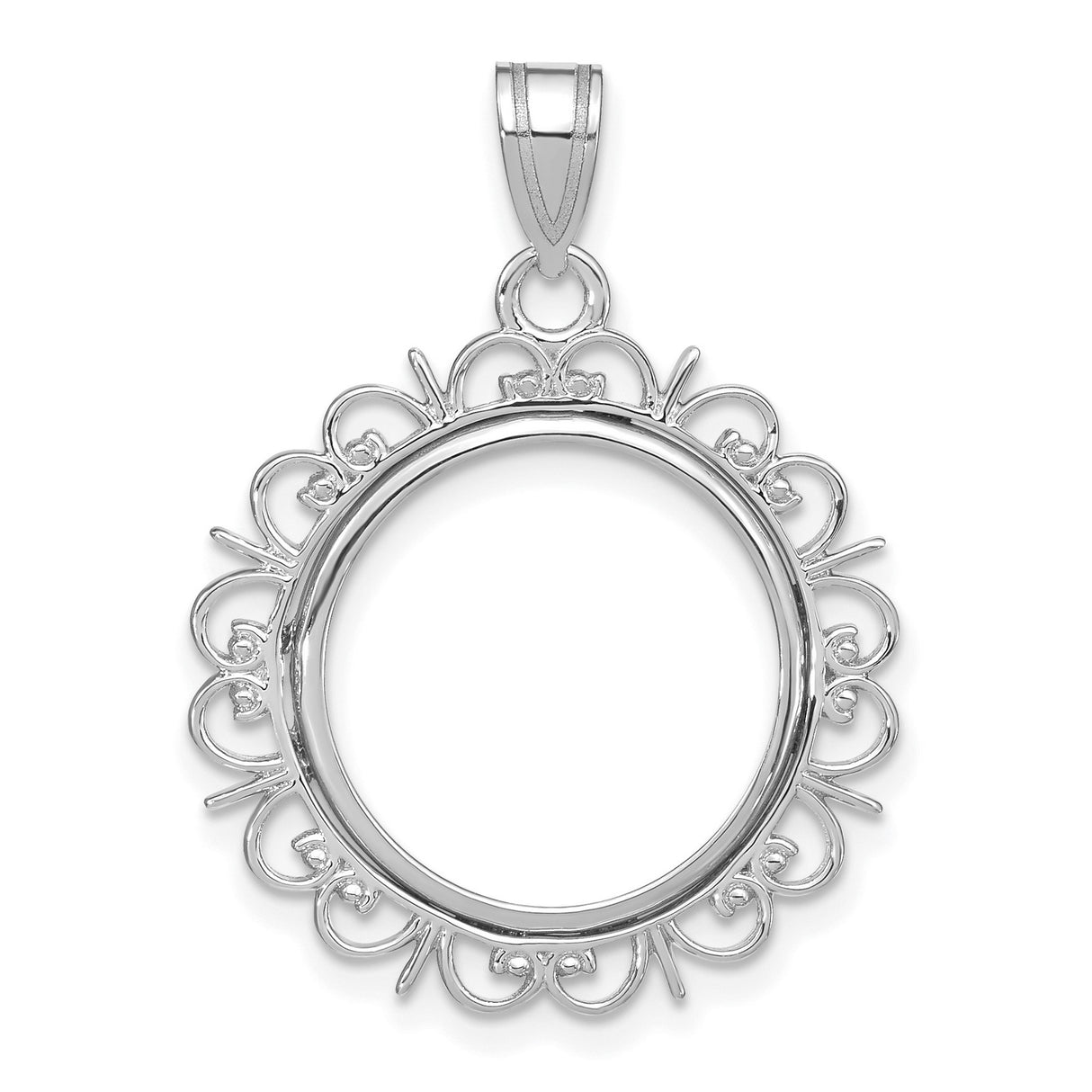 1/10 oz $5 American Buffalo Prong Set Ornate Border Coin Bezel in 14k White Gold